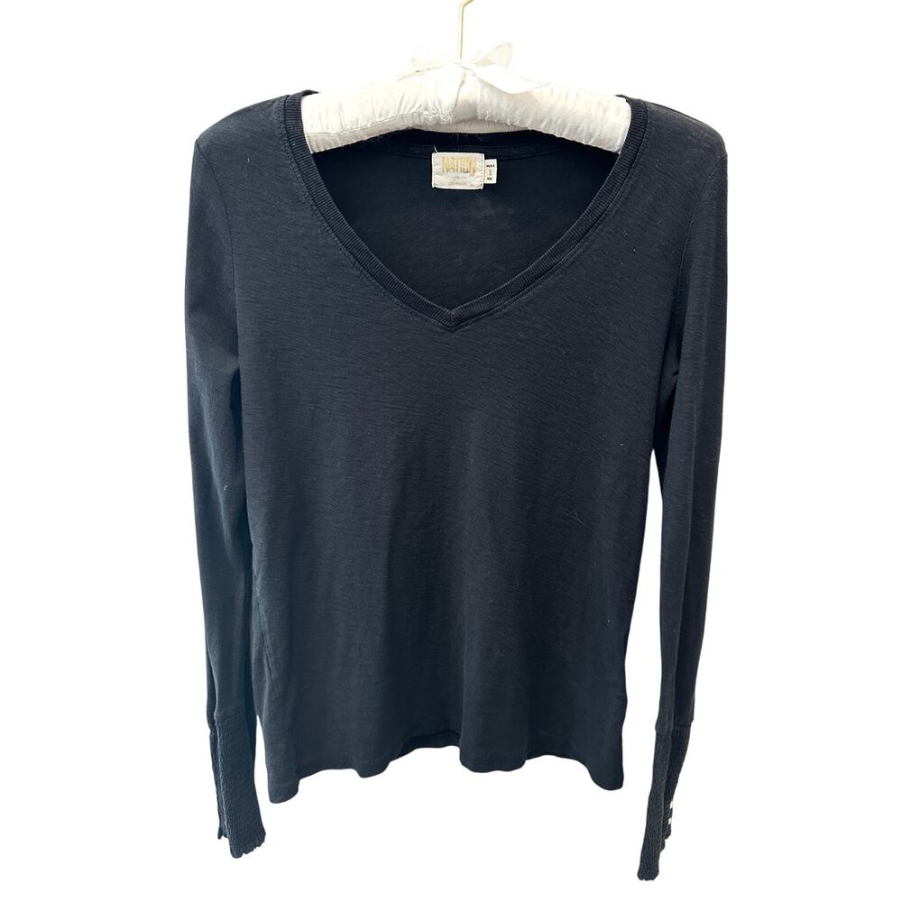 NATION LTD | Black Pima Cotton Long Sleeve V-Neck Top Minimalist Tee | Small